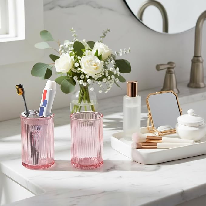 Pink Toothbrush Holders for Bathrooms, 2pcs Glass Toothbrush Holder and 12oz Bathroom Tumbler Cup Set, Silver Tooth Brush and Toothpaste Organizer for Bathroom Vanity Countertop