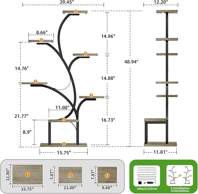 BACEKOLL Plant Stand Indoor with Grow Light, 7 Tier 49" Lighted Plant Shelf | Tree-Shaped Tall Holder with Full Spectrum Light for Indoor Growing, Sturdy Metal Rack for Home Corner, Space-Saving, Grey