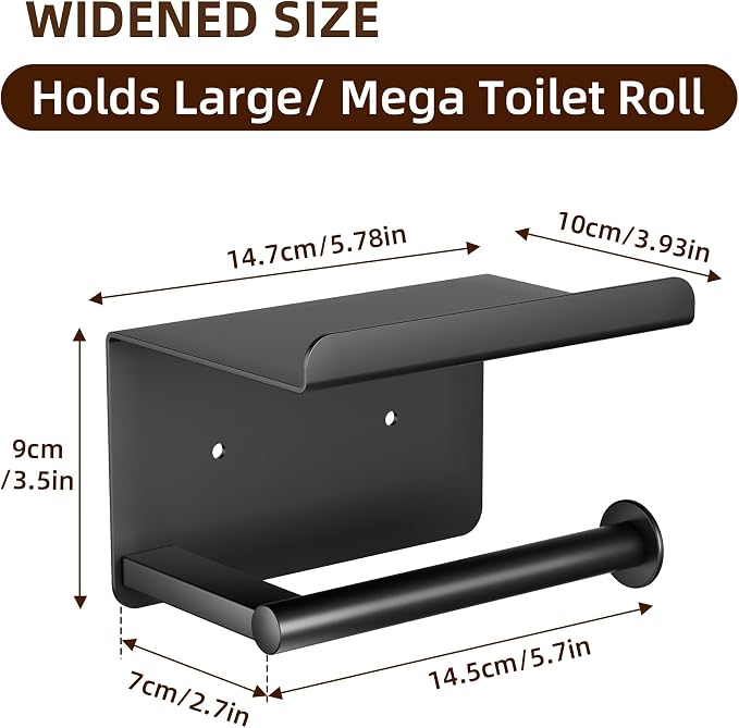 Adhesive Toilet Paper Holder with Phone Shelf, Wall Mounted Toilet Paper Roll Holder, Rustproof Bathroom Tissue Roll Holder with Shelf, Sticky Toilet Paper Roll Holder- Matte Black… | Two Installation Ways:Self Adhesive or Wall Mount, Stick On Toilet P...