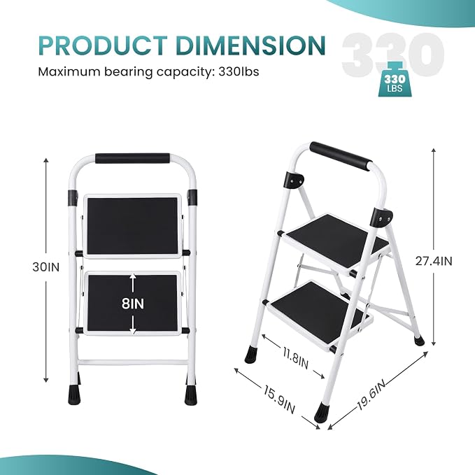 OLIXIS 2 Step Ladder, 330lbs Foldable Step Stool with Anti-Slip Pedal | Heavy Duty Portable Stepping Stool with Sturdy Steel Ladder & Comfortable Handrail, for Kitchen, Garage, Outdoor Use - Black