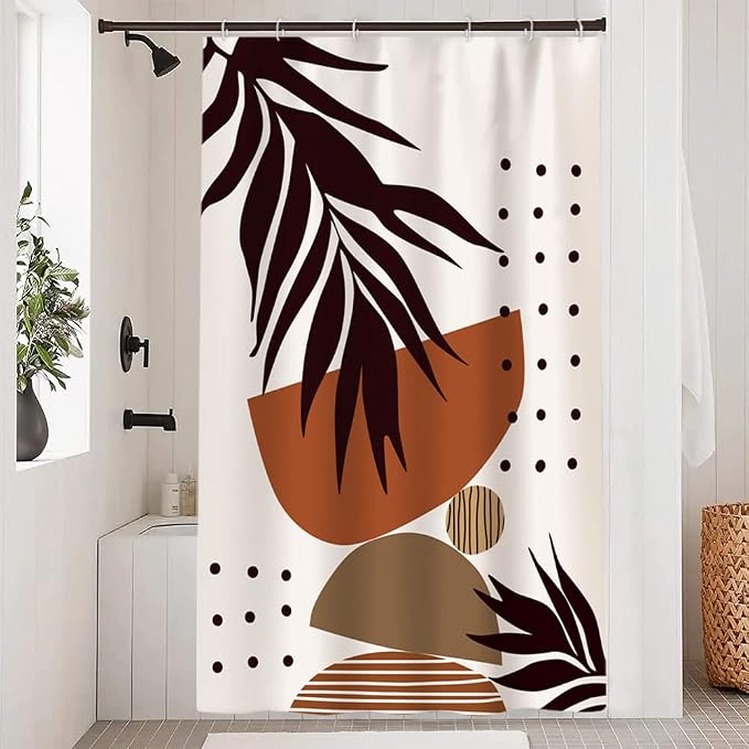 Mid Century Terracotta Shower Curtain for Bathroom 54x72 Inch | Waterproof Abstract Dark Brown Leaves Shower Curtain Set, Soft Boho Bathroom Decor, Machine Washable
