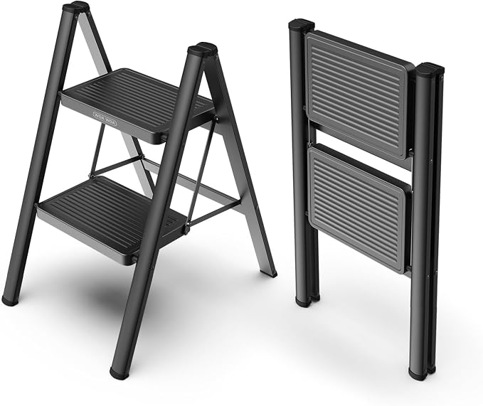 2 Step Foldable Step Stool, 330lbs Load, Black | Folded 26'' H x 2'' T; Net 7.4 lbs; Anti-Slip Feet Grip Wood, Tile, Carpet; Wide Pedals; For Kitchens, Closets.