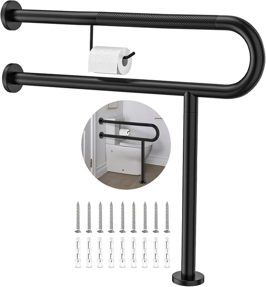 ZUEXT 31.5x28 Inch Matte Black Toilet Support Rail w/Toilet Paper Holder | Wall to Floor, Anti-slip Handicap Grab Bar, Stainless Steel Bathroom Safety Handrails with Leg, For Elderly Disabled Pregnant