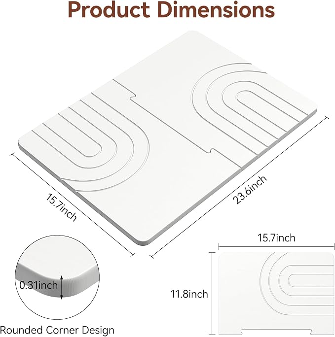 Luxspire Large Stone Dish Drying Mat for Kitchen Counter 24"x16", White | Diatomaceous earth for fast water absorption, Non-slip shower pad, Can be used as a dish drying mat in kitchen,