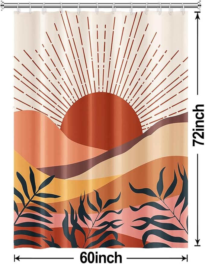Boho Terracotta Shower Curtain for Bathroom 60x72 Inch | Waterproof Abstract Sunrise and Mountain Shower Curtain Set with Hooks, Mid Century Bathroom Decor