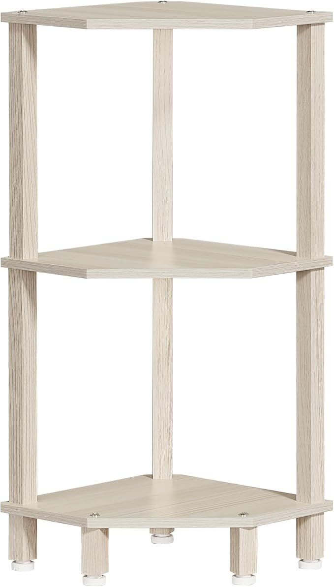 YUFAM 3-Tier Corner Shelf, Grey White | Wooden Small Corner Table with Sturdy 5-Leg Base, Wooden Corner Bookshelf for Adjustable Base