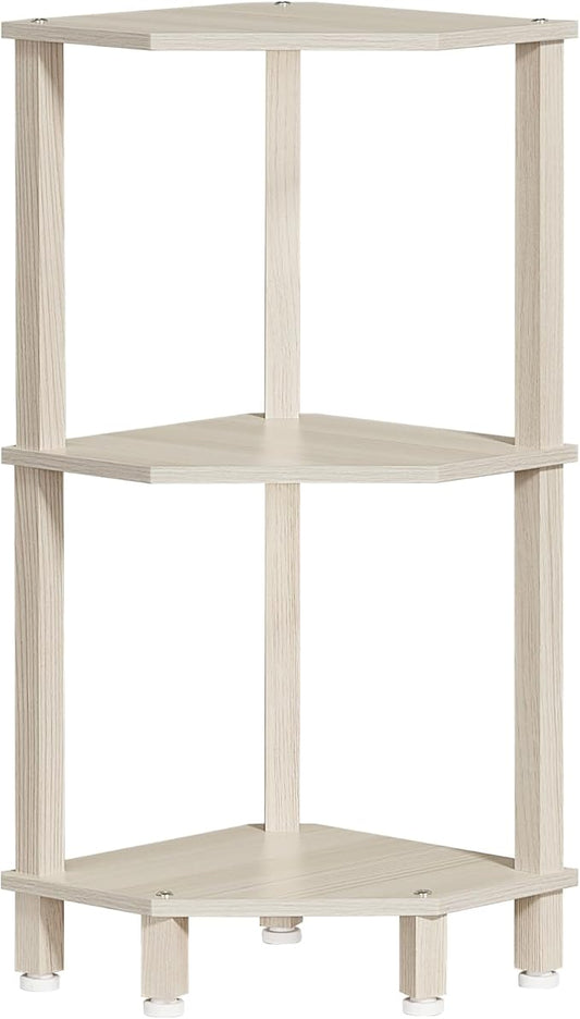 YUFAM 3-Tier Corner Shelf, Grey White | Wooden Small Corner Table with Sturdy 5-Leg Base, Wooden Corner Bookshelf for Adjustable Base