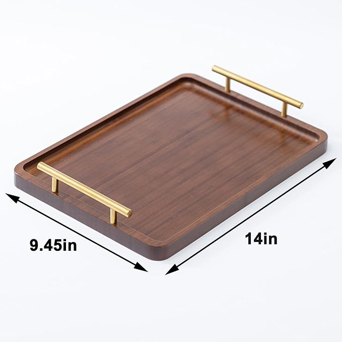 Bamboo Serving Tray with Gold Handles, Large | Food Tray for Breakfast,Coffee Table,Dinner & Bar, Decorative Tray for Kitchen, Bedroom