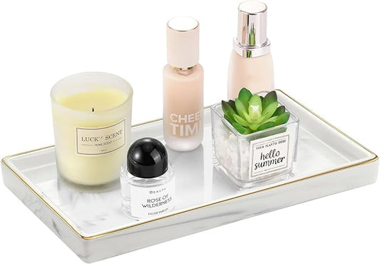 Luxspire Bathroom Vanity Tray Ceramic Jewelry Dish, M, Marble White | 11 x 6.3 inch Smooth matte ceramic, easy clean, anti-slip bottom, organize soap dispenser jewelry candles