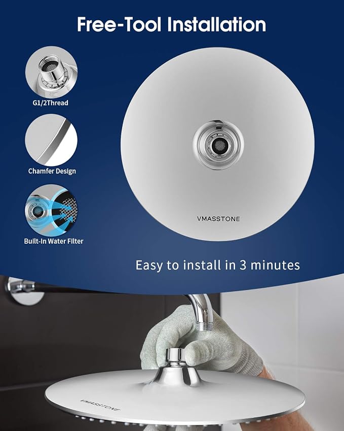 Large Shower Head VMASSTONE 9In High Pressure Showerhead - Tool Free Installation- with Large Spray Surfaces and 200 Nozzles for Delicate and Unstimulate Shower Experience (EM-001 Chrome/Dark Grey)