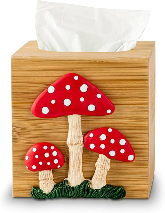 Bamboo Mushroom Square Tissue Box Cover Holder for Bathroom Counter Decor | Square natural bamboo tissue box cover with 3D resin mushroom accent for bathroom vanity, desk, and home decor