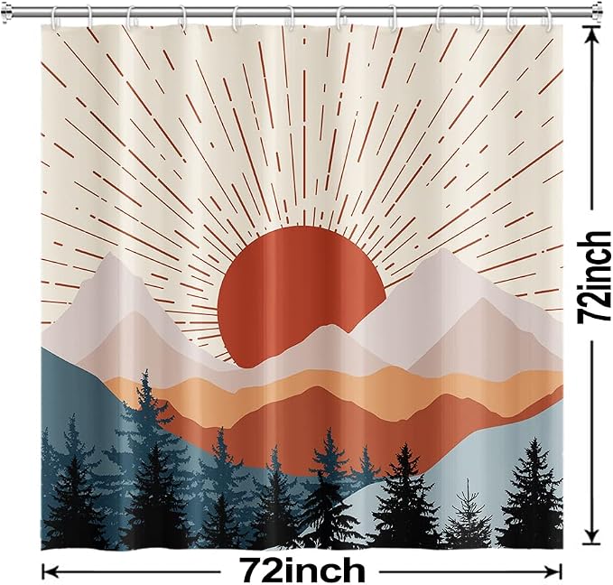 Boho Sunrise Shower Curtain with Hooks for Bathroom 72x72 Inch | Waterproof Abstract Terracotta Mountain Forest Shower Curtain Set, Soft Bathroom Decor, Machine Washable
