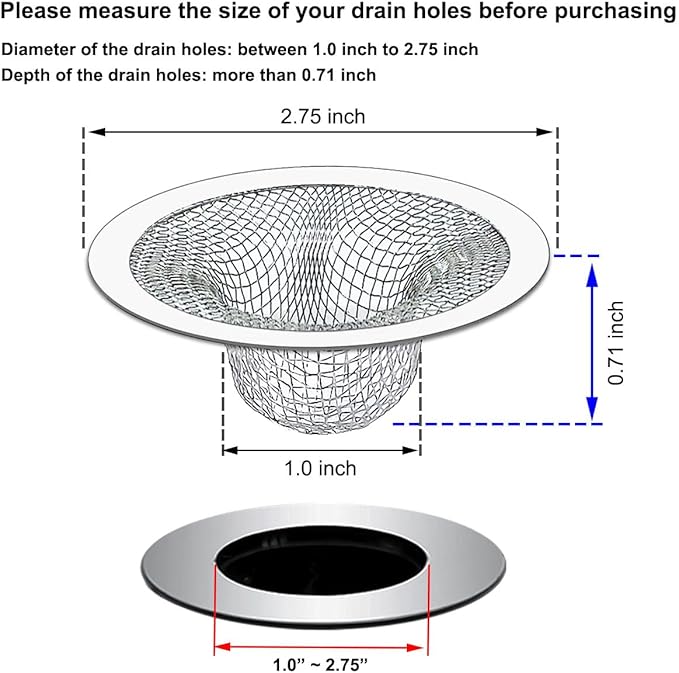 Seatery 2.75" Top / 1.0" Basket Bathtub Drain Strainers, Bathroom Sink Strainers, Shower Drain Hair Catcher, Drain Strainer for Laundry, Mop Pool, Utility, Slop, RV Sink, Stainless Steel, Pack-6