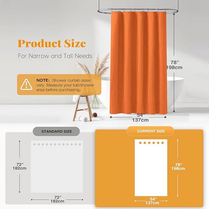 54x78 Linen Textured Waterproof Fabric Shower Curtain, Burnt Orange | Narrow Long Size, 230GSM Polyester, Heavy Duty Cloth, Weighted Hem, 10 Hooks, Modern Luxury Hotel Style, Machine Washable