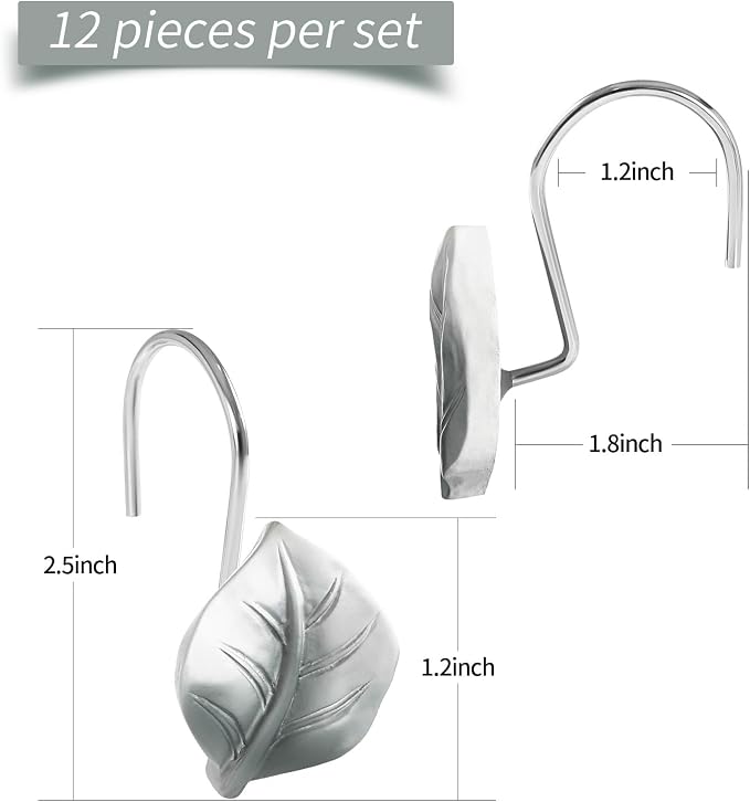 Grey Plant Leaf Shower Curtain Hooks,Eucalyptus Bathroom Decor,12PCS | Cute Decorative Leaves Shower Curtain Rings,Metal Rustproof,Easy Installation,Smooth sliding