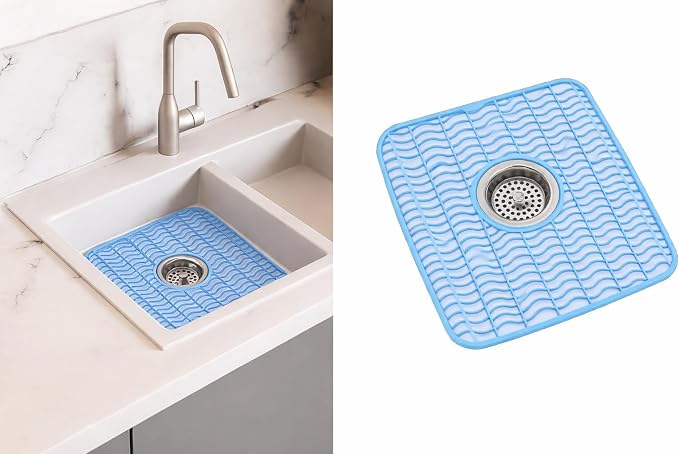 Dependable Industries Inc. Essentials 2 Pack Plastic Sink Protector Mat with Center Drain Cutout Protect Sink and Glasses and Dishes from Scratches and Breaks 12" x 11" (Light Blue)