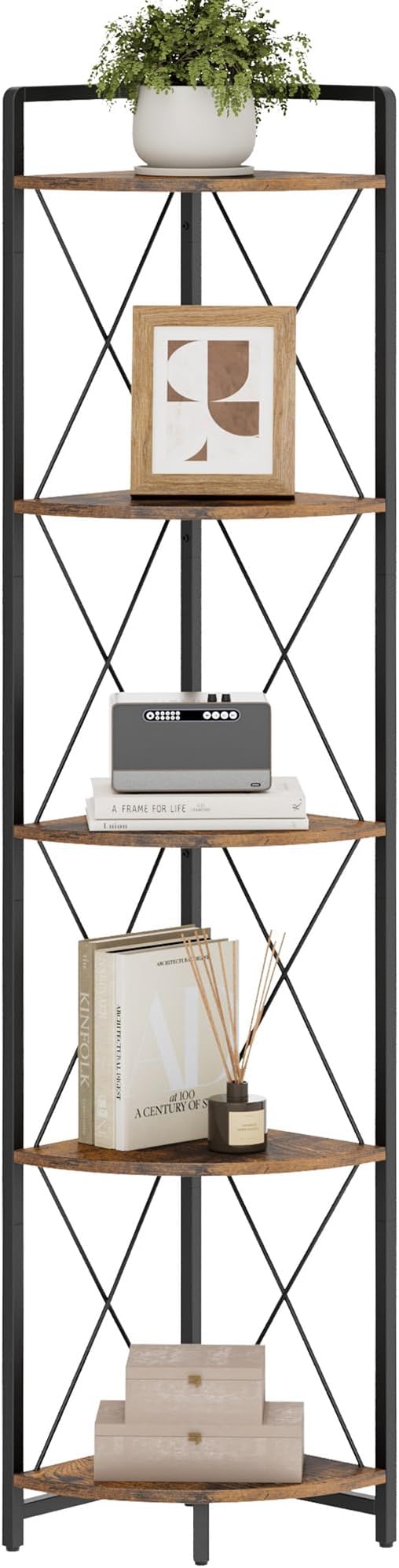 5 Tier Corner Shelf Stand, 64" H Tall Corner Bookshelf, Rustic Brown | Industrial Metal Corner Shelf for Living Room Decor, Plant Stand Display Shelf for Bedroom, Bathroom, Small Spaces