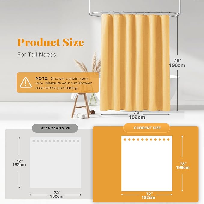 72x78 Linen Textured Waterproof Thick Fabric Shower Curtain Set, Gold | Long Size, 230GSM Polyester, Heavy Duty Cloth, Weighted Hem, 12 Plastic Hooks, Modern Luxury Hotel Style, Machine Washable