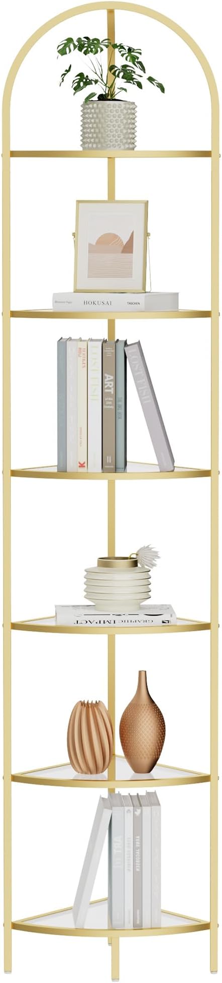 Homhedy 6-Tier Gold Corner Shelf Stand, Metal Corner Bookshelf | Display Shelf, Tempered Glass Shelves, Plant Stand, Storage Rack Shelf for Bedroom, Living Room, Home, Office, Gold