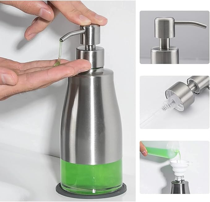 Gaussra Soap Dispenser with Coaster and Stickers - 11 OZ / 320 ML | Brushed Nickel Stainless Steel Case Glass Liner Hand Soap Dispenser, Lotion Soap Dispenser for Bathroom and Kitchen