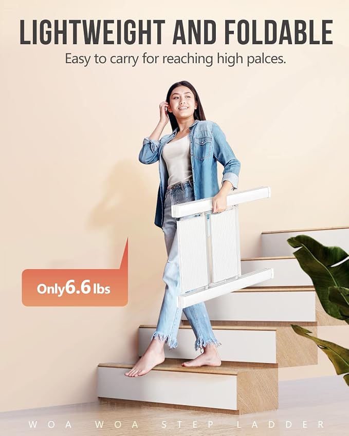 2 Step Foldable Step Stool, 300lbs Load, White | Folded 27''H x 2''T; Net 6.6 lbs; Non-Slip Feet: Wood/Tile/Carpet; Rigid Aluminum Steps; No Assembly; Ready From Box.