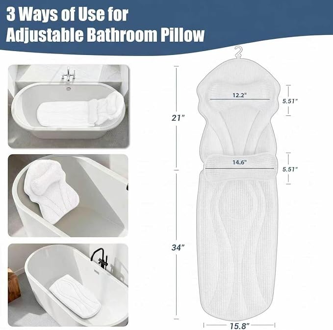 Full Body Bath Pillows for Tub Luxury Bathtub Pillow Cushion for Head,Shoulder,Back&Lumbar Support Thick Tub Pillow for Bathtub for Women Soft 5D Air Mesh Mat 12 Non-Slip Power Suction Cups (White)