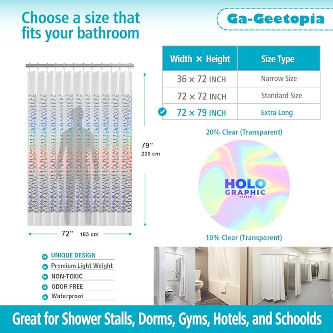Ga-Geetopia Holographic Extra Long 3D EVA Shower Curtain Liner Water Cube, 72x80 Premium Light Weight Clear Plastic Bathroom Shower Curtain with Rustproof Metal Grommets