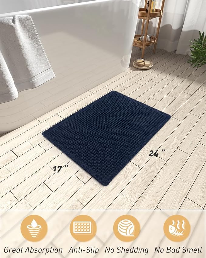 AMOAMI Upgraded Waffle Bath Mat, Super Absorbent Non Slip Bath Mats for Bathroom Floor, Machine Washable Bathroom Rugs with Tassels, Rubber Backed Bathroom Mats, Ultra Soft,17" x 24", Navy Blue