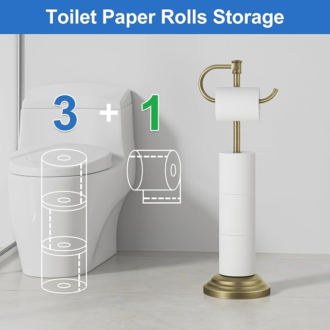 RUMOSE Toilet Paper Holder Stand for Floor Free Standing, Antique Brass | Bathroom Freestanding Toilet Tissue Roll Holder with Storage, Adjustable 17-25 Inch, Rustproof, SUS304 Stainless Steel