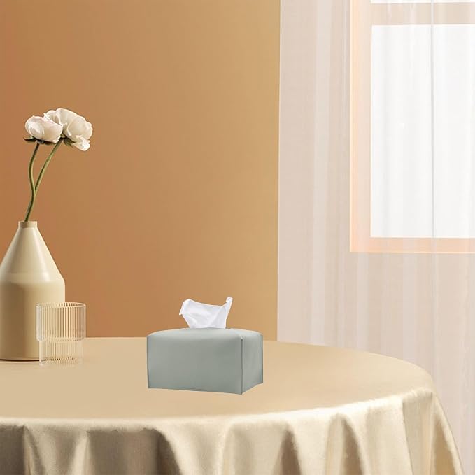 1PC Extra Large Rectangle Tissue Box Cover, PU Leather Rectangular Tissue Box Holder with Bottom Belt Plus Size Tissue Box Organizer for Bathroom/Car/Hotel/Office (9.5’’x5’’x5’’, Grey)