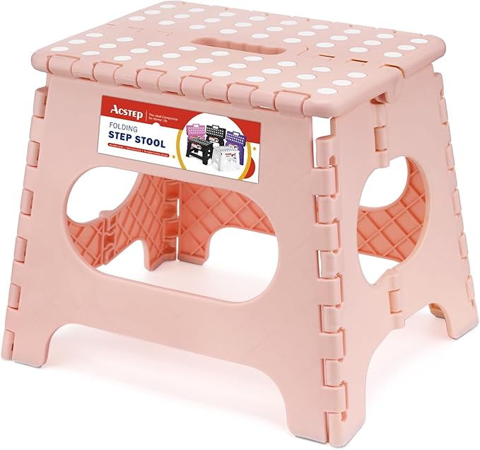 11" Folding Step Stool for Kids, Non-Slip Foldable Stool, Light Pink | Heavy Duty Collapsible Foot Stool, Lightweight with Built-in Handle, Holds 300 lb for Adults Kitchen Bathroom Bedroom Outdoor