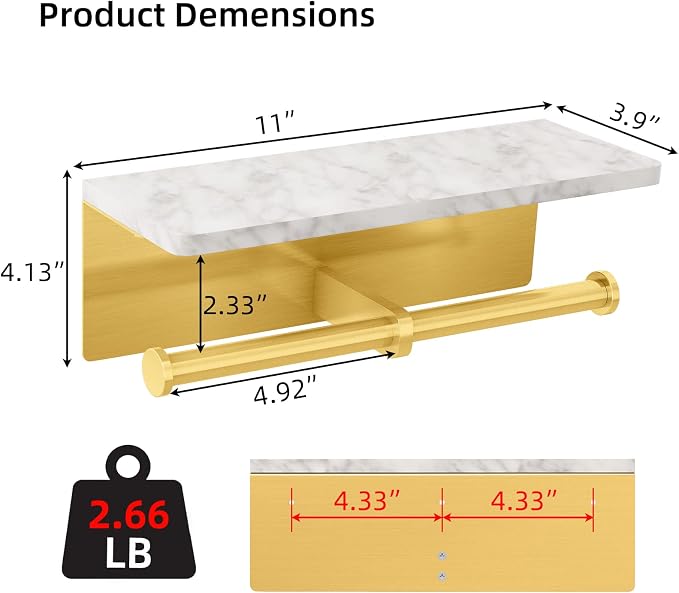 Gypie Brushed Gold Toilet Paper Holder with Marble Shelf, Double Rolls | Toilet Paper Holder with Storage, Toilet Paper Wall Mount for Bathroom Washroom