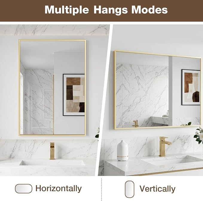 24"x36" Bruhed Gold Rectangle Vanity Bathroom Mirror, Set of 2 | Aluminum Alloy Frame, Clear Reflection, Rust-Resistant, Vertical or Horizontal, Wall Mount, Bedroom and Entryway