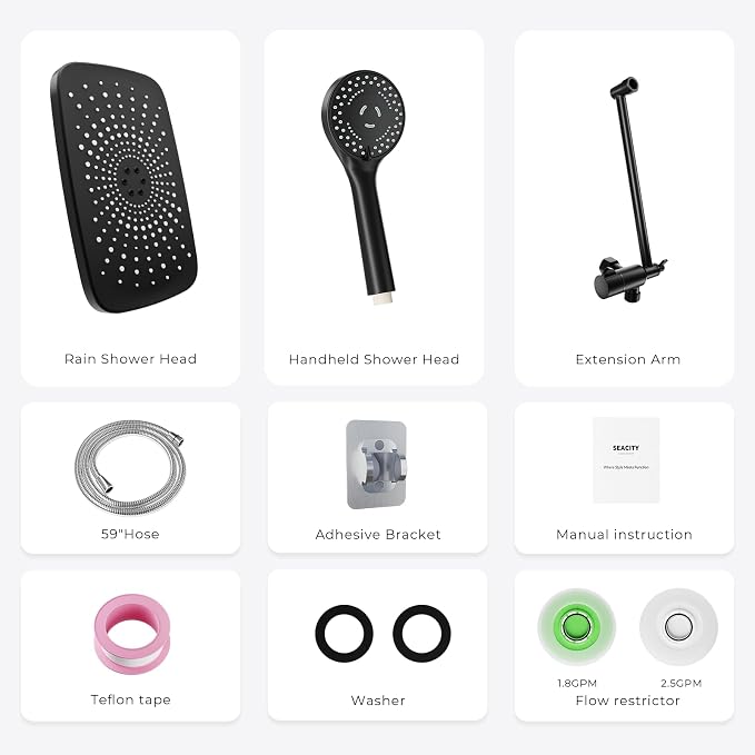 Black Rain Shower Head with Handheld Shower Head, 5 Spray Modes | High-Pressure Dual Shower Combo, Multi-Spray Handheld, 11-Inch Metal Extension Arm, Detachable Design for Easy, Flexible Use