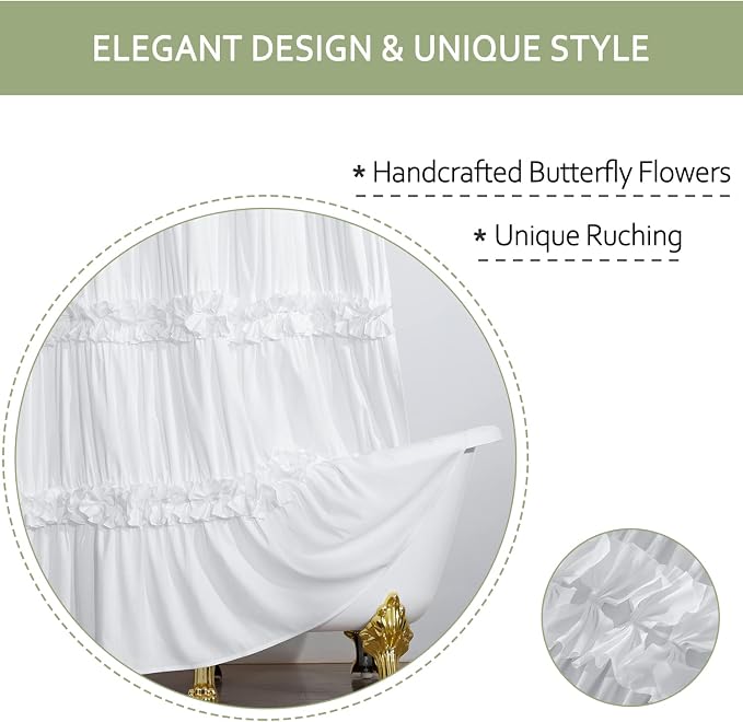 Victorian White Ruffle Shower Curtain 72" W x 96" H | Vintage Handcrafted Bow Tie Bath Curtain for Master Bathroom, Ruched Microfiber Bathroom Curtain with 12 Buttonholes (LQ-10)