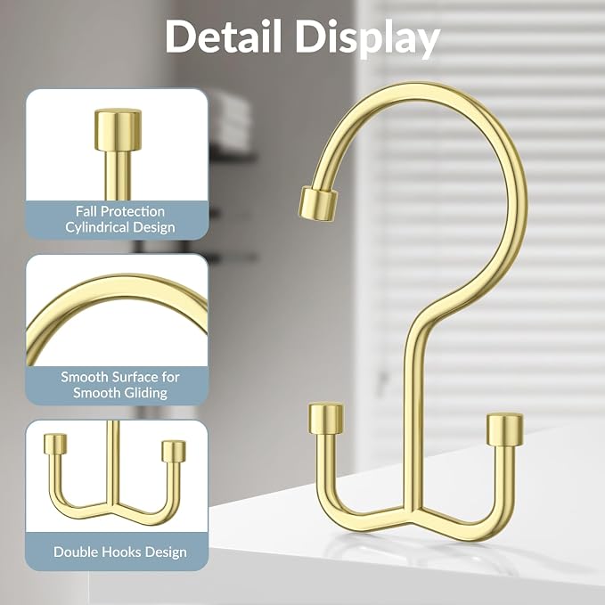 24 Pcs Shower Curtain Hooks, OEH Shower Curtain Rings, Durable Gold Shower Curtain Hooks Rust Proof, Shower Rings for Curtain, Free Sliding Anti-Drop Double Shower Hooks for Shower Curtain Rod, Gold