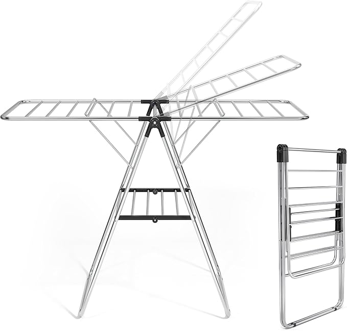 Large Stainless Steel Clothes Drying Rack | Drying Rack Clothing with Height-Adjustable, Foldable Gullwings Laundry Drying Rack, Indoor Outdoor Use, No Assembly, Black