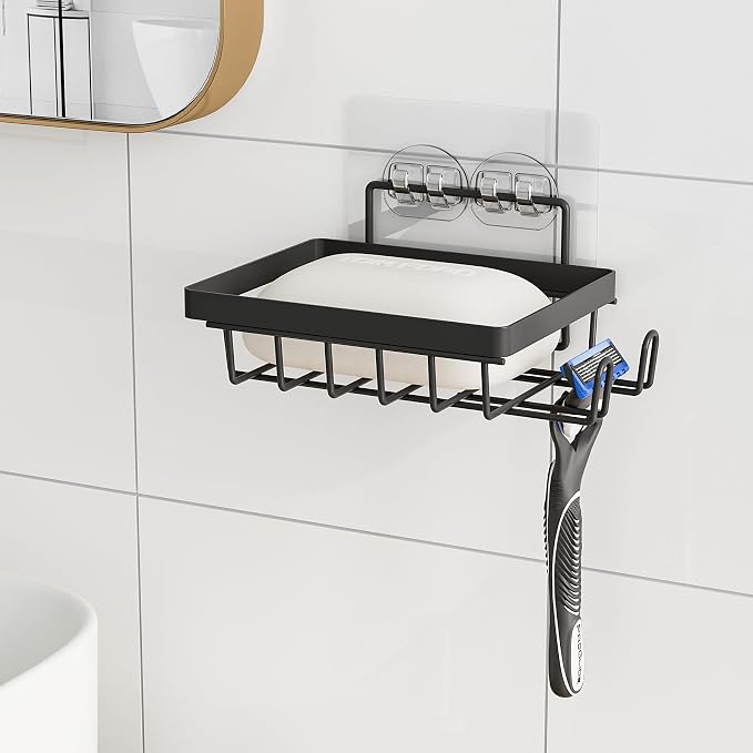 Self Draining Adhesive Soap Bar Holder for Shower Wall with with Soap Saver | Soap Dish Container Caddy Saver with 2 Hooks for Razor Loofah, Shampoo Sponge Tray Case Box for Bathroom Kitchen Sink, Black