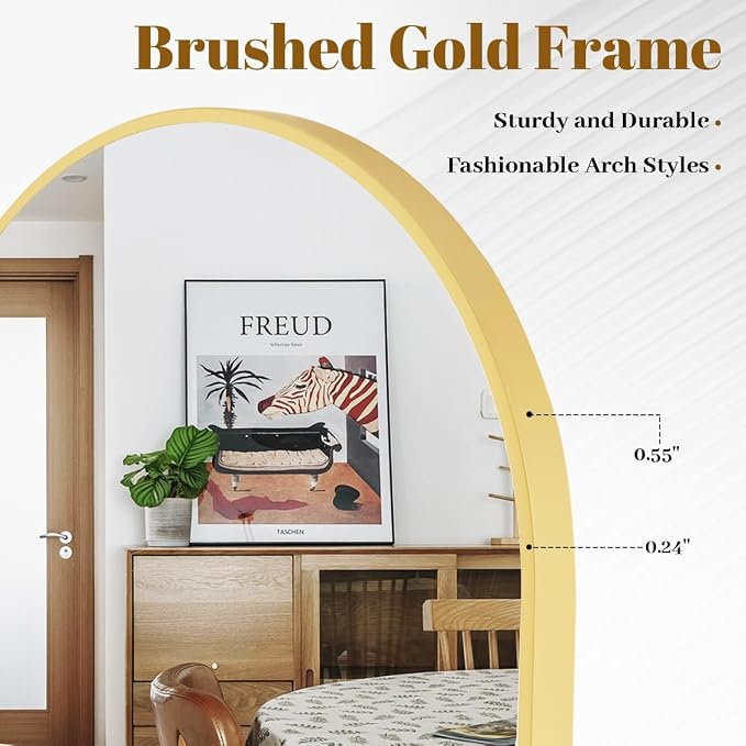 Arched Wall Mirror, 26 x 41 inch Arch Bathroom Mirror, Wall Mounted Vanity Mirror with Arch Metal Frame, Modern Bathroom Vanity Mirror for Bedroom, Living Room, Hanging or Leaning, Gold