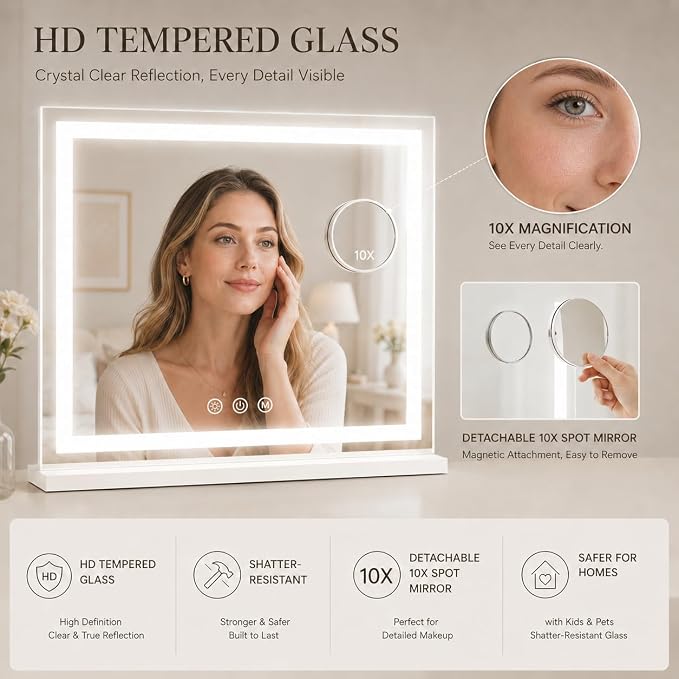 HNV 22.8"x18" Lighted Vanity Mirror, White | 22.8" x 18" tabletop vanity mirror with 3-color dimmable lighting, detachable 10X mirror, and HD tempered glass.