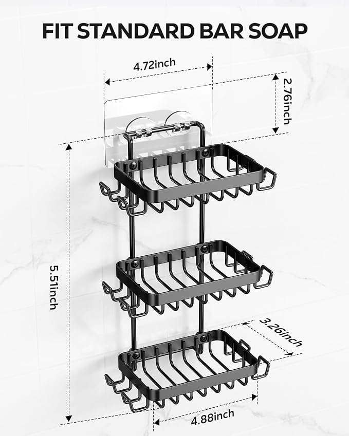 Nieifi Bar Soap Holder, Adhesive Soap Dish for Bathroom Shower Wall | Stainless steel, 3 tier, razor holders, 8 hooks, bathtub, kitchen sink, wall mounted, no drilling, counter, black