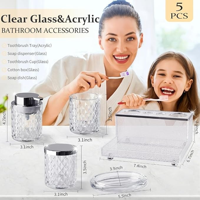 Glass Bathroom Accessories Set 5Pcs Crystal Clear- Foaming Soap Dispenser, Soap Dish, Cup, Acrylic Toothbrush Holder with Tray Organizer, Cotton Swab Jar, Bathroom Counter Set Sink Decor