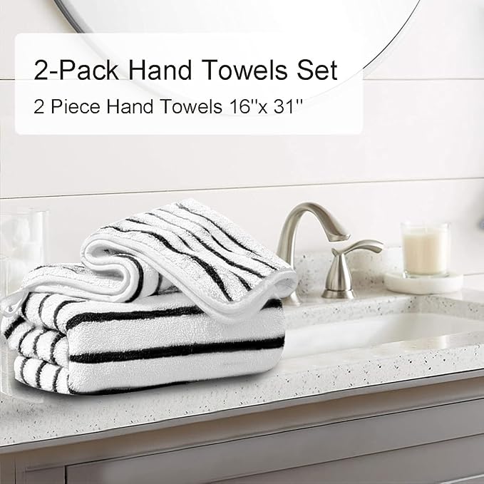 2 Piece Black White Cabana Stripe Hand Towels for Bathroom 16"x31" Ultra Soft Breathable Hand Face Towels Highly Absorbent 600GSM Towels Quick Dry Beach Chair Towel for Spa Gym Hotel Travel Camp