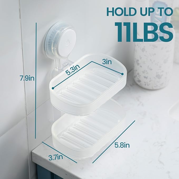TAILI Soap Holder, Soap Dish for Shower Suction Cup, Bar Soap Holder, Clear | 2 Layer Removable Soap Holder Shower, Soap Tray for Shower Wall, Drill Free Sponge Holder, Bathroom & Kitchen, No drill