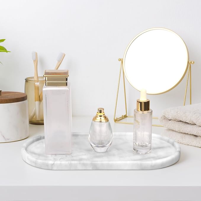 Oval Marble Bathroom Vanity Tray, Light Grey, 12" x 6" x 0.8" | Natural Luxury Marble, Home Kitchen Bathroom Table Tray, Stone Decorative Countertop Tray, For Coffee Perfume Jewelry