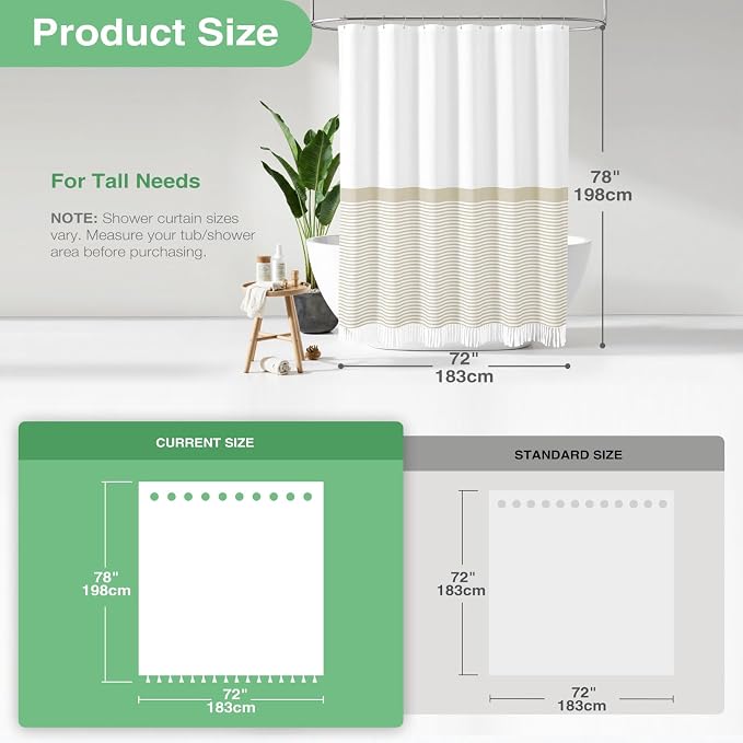 78 Inches Long Shower Curtain, Farmhouse Boho Striped Fabric Tassel Shower Curtains for Bathroom, Tall Bohemian Textured Waterproof Cloth Shower Curtain Set with Hooks, Cream, 72x78