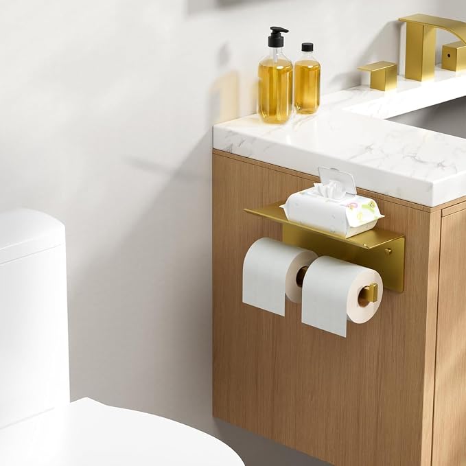 FORIOUS Toilet Paper Holder with Shelf, Commercial Toilet Paper Dispenser | Brushed Gold | SUS304 Stainless Steel Wall Mount Double Bathroom Tissue Roll Holder for Hotel, Apartments, etc