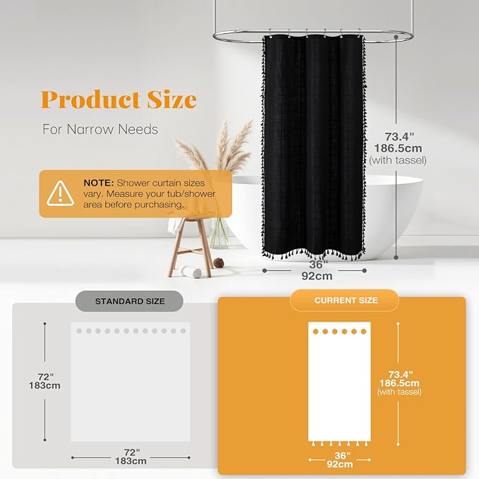 Stall Boho Farmhouse Linen Heavy Duty Shower Curtain Set, 36x72, Black | Half Size, 330GSM Linen Blend, 3-side Tassels, Water Repellent Fabric, 6 Plastic Hooks, Rustic Bohemian, Machine Washable