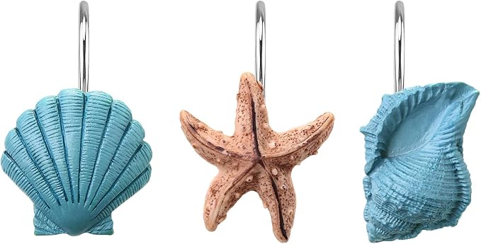 AGPtek® Seashell Shower Curtain Hooks, Blue Seashell, 12PCS | Anti Rust, Decorative Resin, Bathroom Decor, Baby Room Decor, Bedroom & Living Room Decor