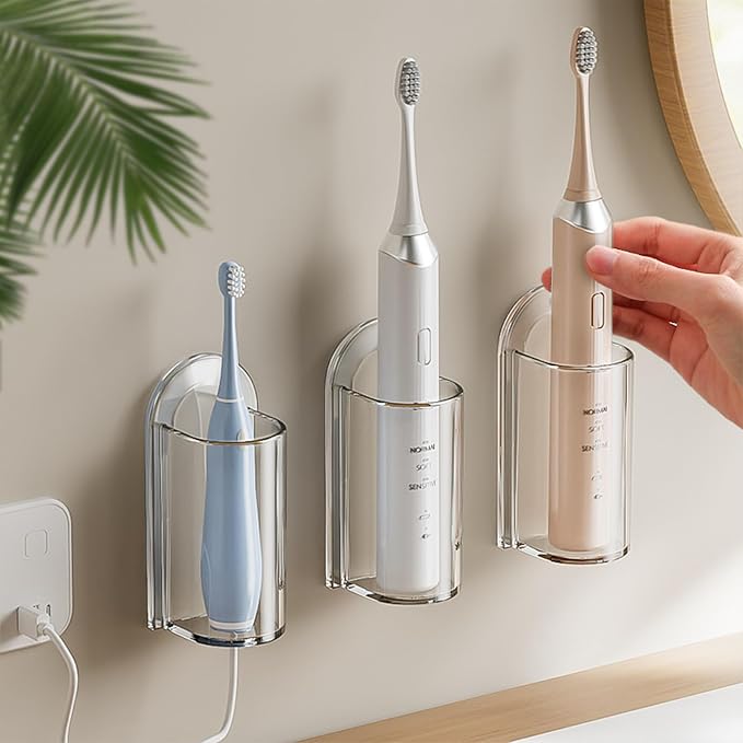 3 Pack Electric Toothbrush Holders for Bathroom, Wall Mounted Clear Electric Toothbrush Organizer, Self Adhesive Bathrooms Toothbrush Storage for Shower, Saving Space and Keep Drying